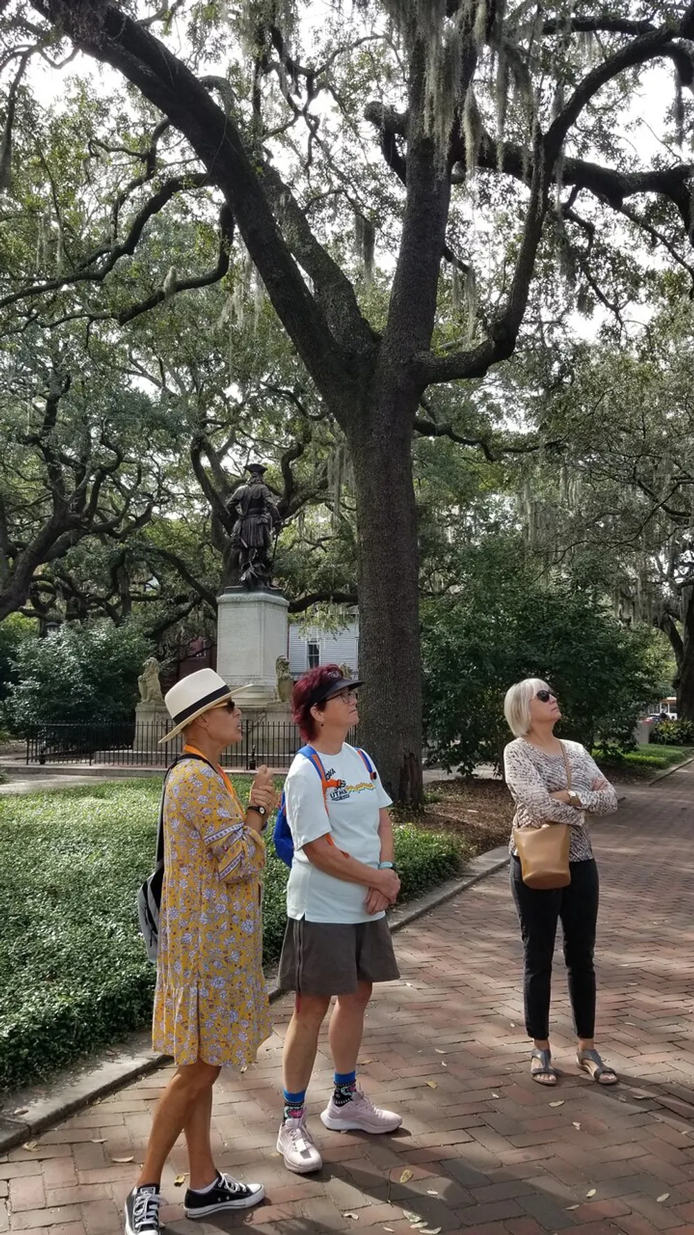 Three people are observing a statue in a park with large oak trees draped with Spanish moss