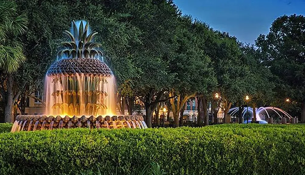 The image shows a large pineapple-shaped fountain with water cascading down its tiers surrounded by lush greenery and trees in a park-like setting during dusk or early evening