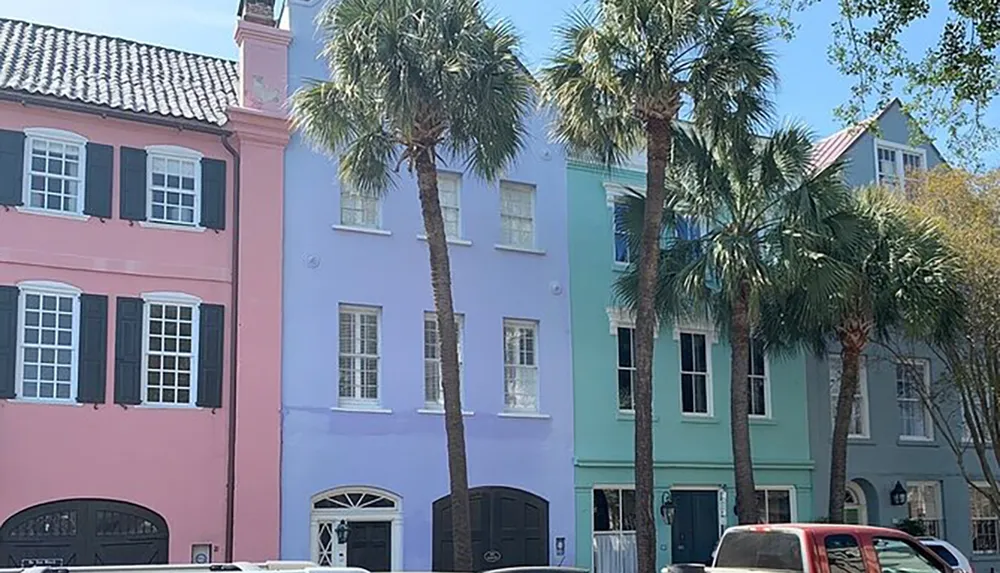 This image shows a row of colorful pastel houses lined with palm trees under a clear blue sky