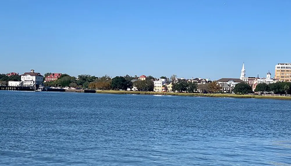 The image shows a calm blue expanse of water with a distant view of a coastal city skyline under a clear blue sky