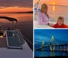 Two people are enjoying a sunset while sitting at the stern of a boat on calm waters