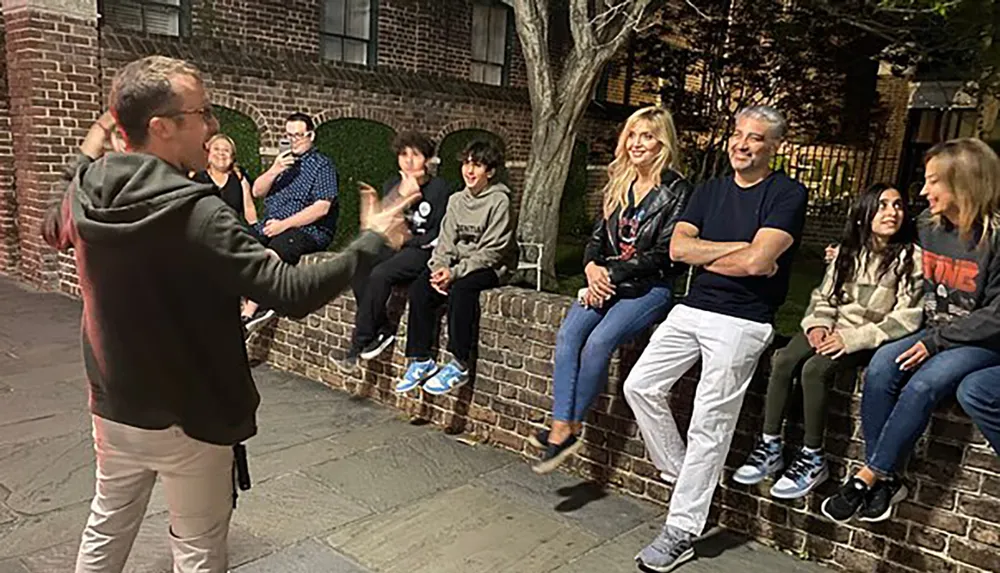 A person is gesturing enthusiastically while speaking to a group of smiling people casually seated on a brick ledge outdoors at night
