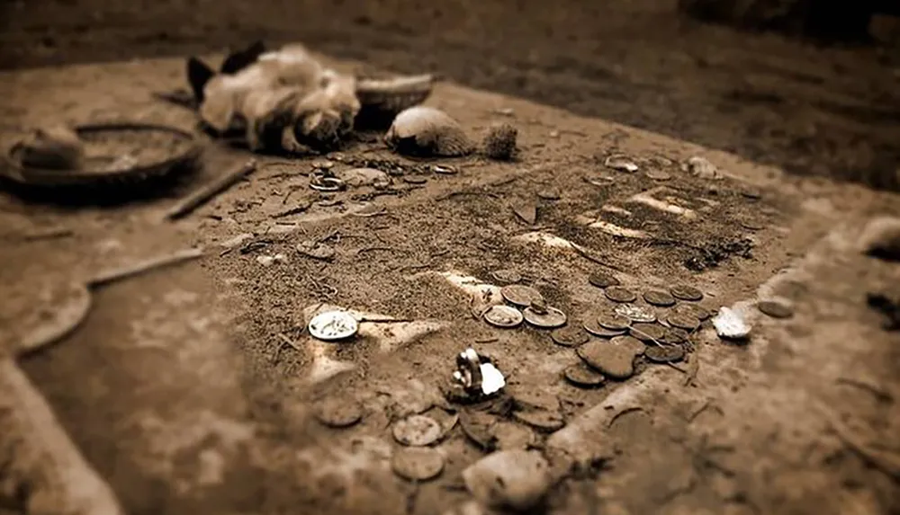 The image depicts a collection of old coins scattered on the ground with an ancient weathered cat statue resting in the background conveying a sense of historic or archaeological discovery