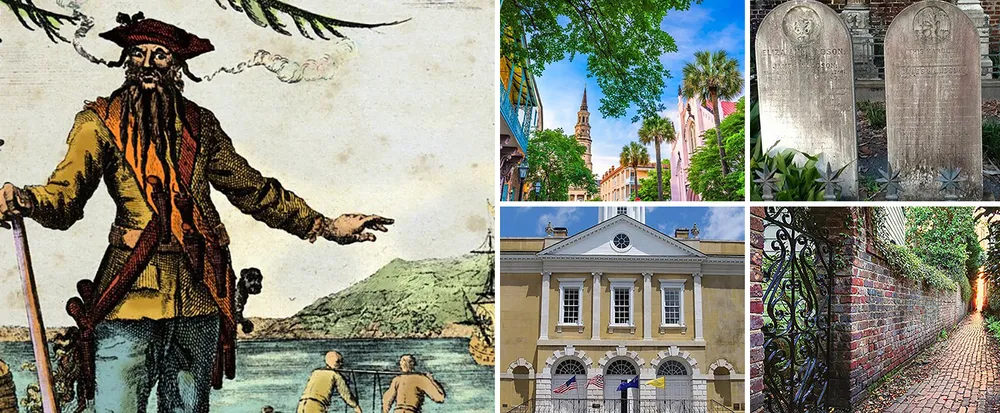 The image is a collage featuring a depiction of a pirate a scene of colorful historic buildings with palm trees two aged gravestones a classical-style building with US flags and a cobblestone alley with lush greenery