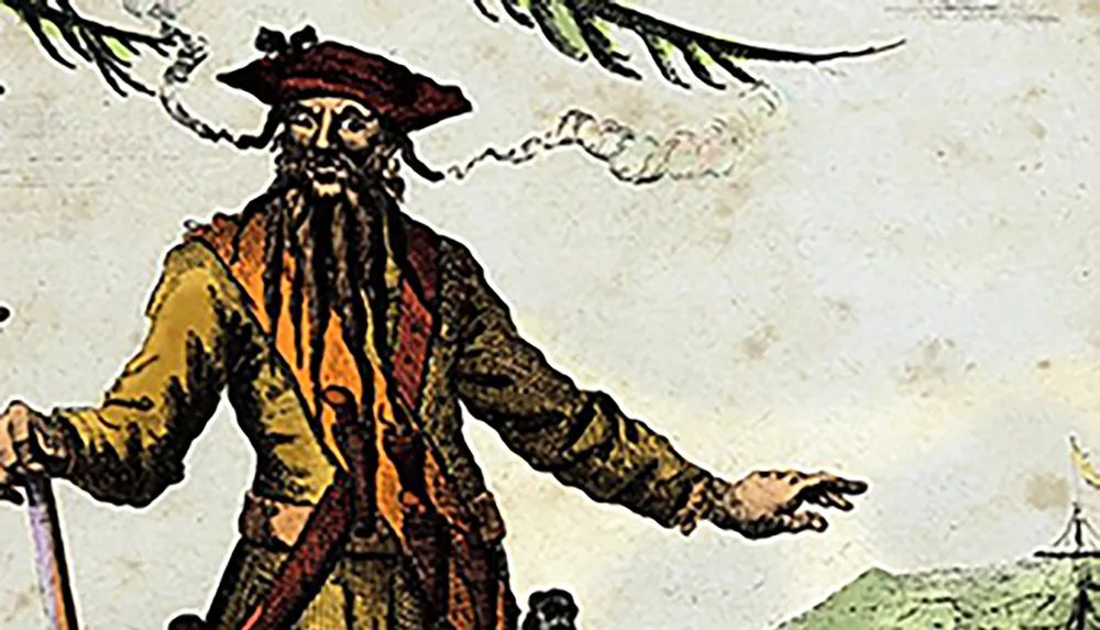 The image depicts an illustrated character resembling a pirate with a red bandana and an eye patch likely from a classic story or historical depiction set against a vintage background with a ship in the distance