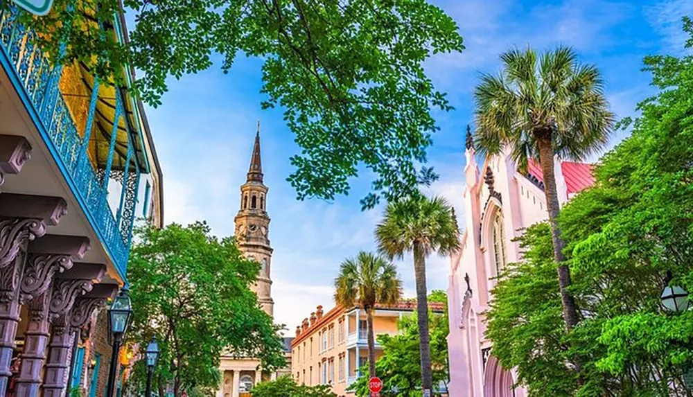 A vibrant street view featuring historic architecture lush trees and a clear sky