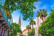 The image shows a picturesque street lined with colorful buildings, a church spire, palm trees, and lush greenery under a bright blue sky.