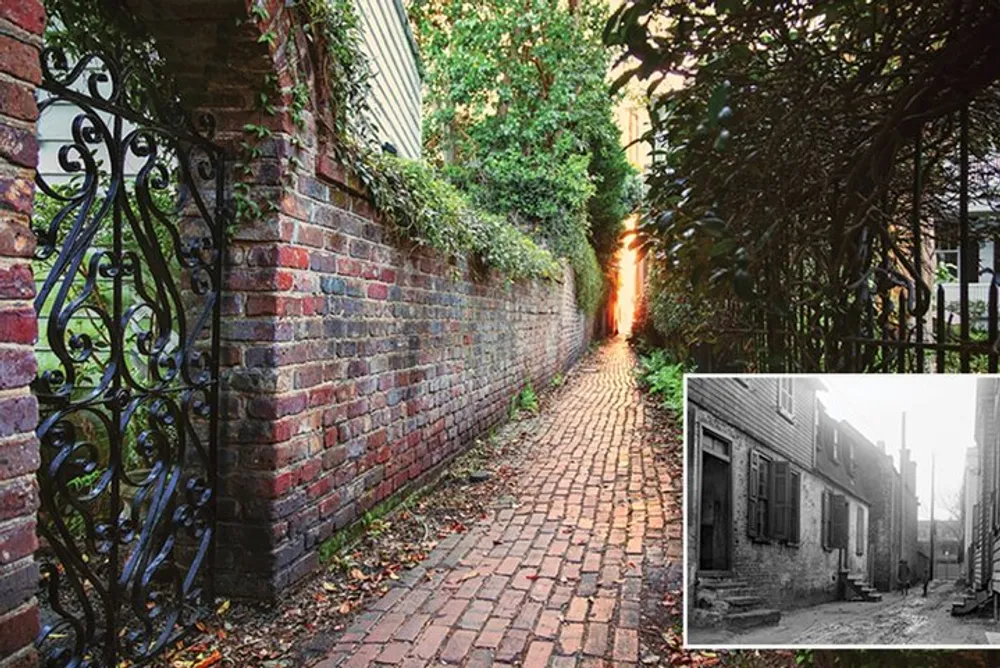 The image shows a serene brick-paved alley flanked by a brick wall and lush greenery on one side with an intricate wrought iron gate to the left and includes a small inset of an old black and white photo of a similar alley for historical comparison