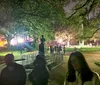 The image shows a group of people on a night walk in a park with atmospheric lighting and large shadowy trees