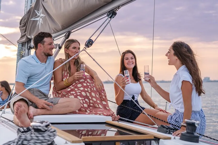 A group of friends are enjoying drinks and each other's company on a sailboat at sunset.