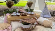 The image depicts an elegantly arranged outdoor picnic setup with a low table, various cushions, a picnic basket, and decorative elements, including a small teepee, under the theme 