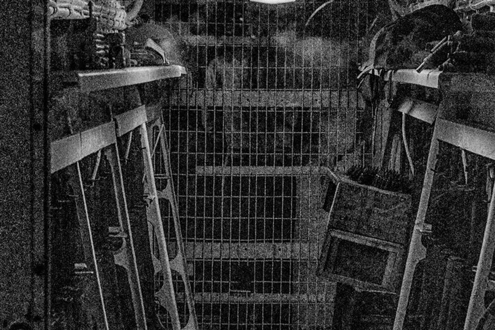 The image showcases a grainy black and white view of the interior of a dishwasher with dishes utensils and racks visible suggesting its either in mid-cycle or has just completed a wash