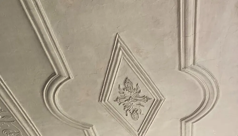 The image displays a section of a wall with decorative plasterwork featuring elegant moldings and a diamond-shaped motif with a floral design