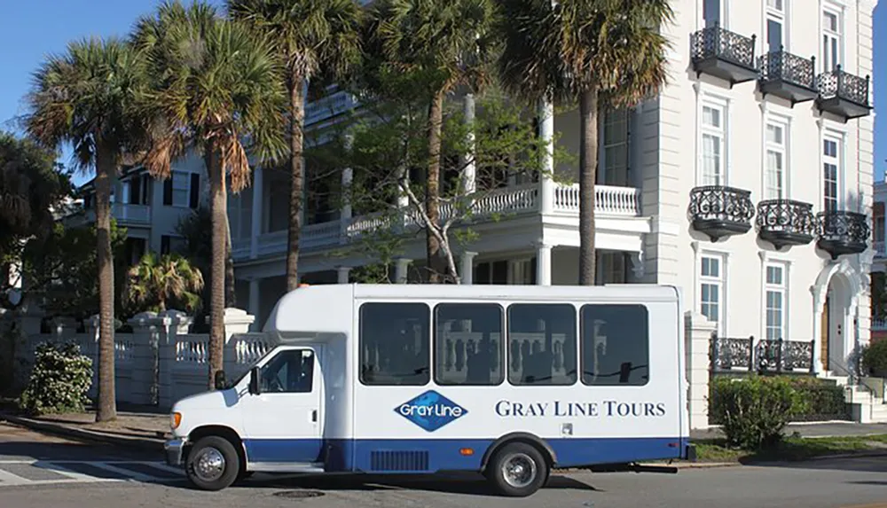 A Gray Line tour bus is parked on a sunny street lined with palm trees in front of an elegant building with balconies