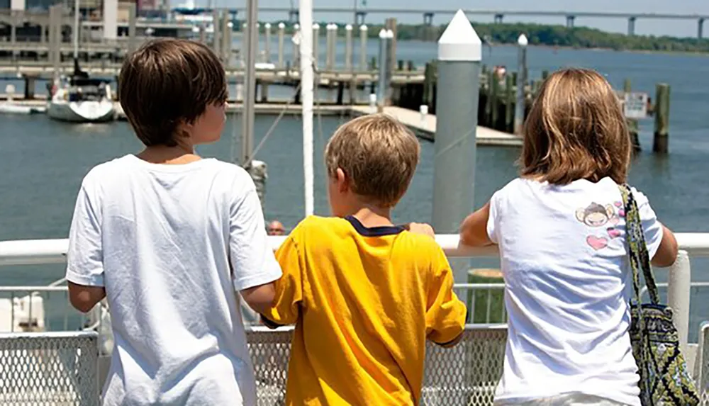 Three children are standing by a railing looking out over a marina with boats and a bridge in the background