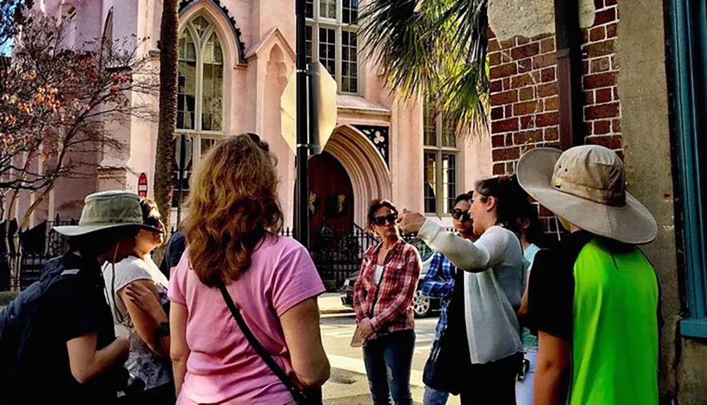 A group of people is participating in an outdoor tour near a historical building with a guide gesturing and explaining something of interest