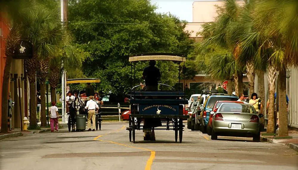 A horse-drawn carriage is seen traveling on a street lined with parked cars and pedestrians walking on the sidewalks