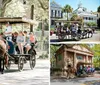 A horse-drawn carriage is carrying passengers on a sunny day past residential buildings guided by a coachman