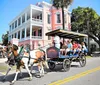 A horse-drawn carriage is carrying passengers on a sunny day past residential buildings guided by a coachman
