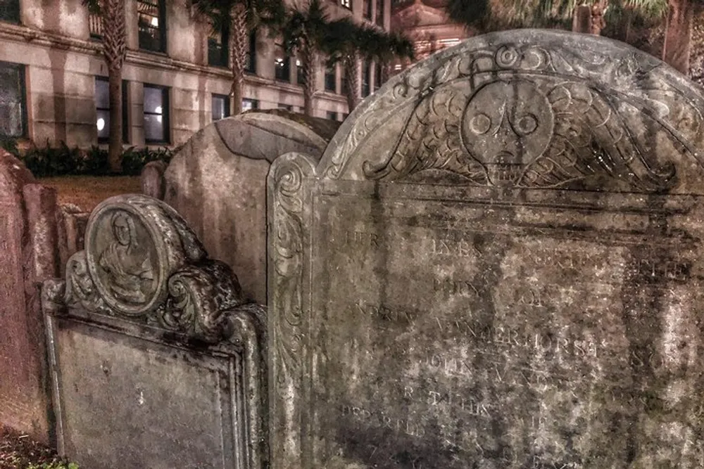The image shows a collection of weathered gravestones with distinctive carvings possibly from the 18th or 19th century situated in an old cemetery at dusk or night