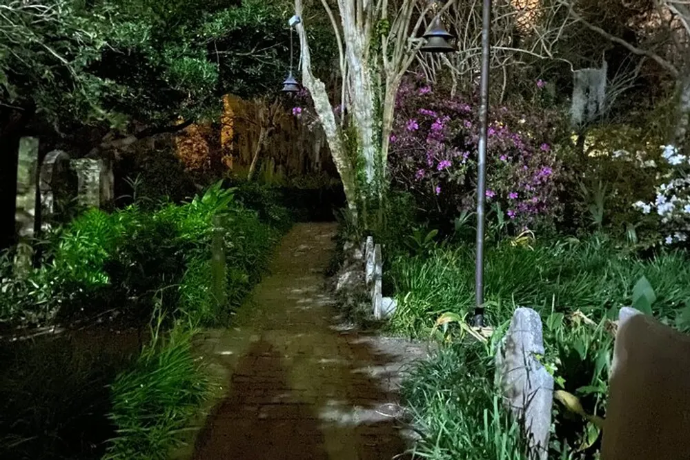 The image portrays a night-time view of a garden pathway lined with lush plants and illuminated by hanging lights creating a serene and mysterious ambiance