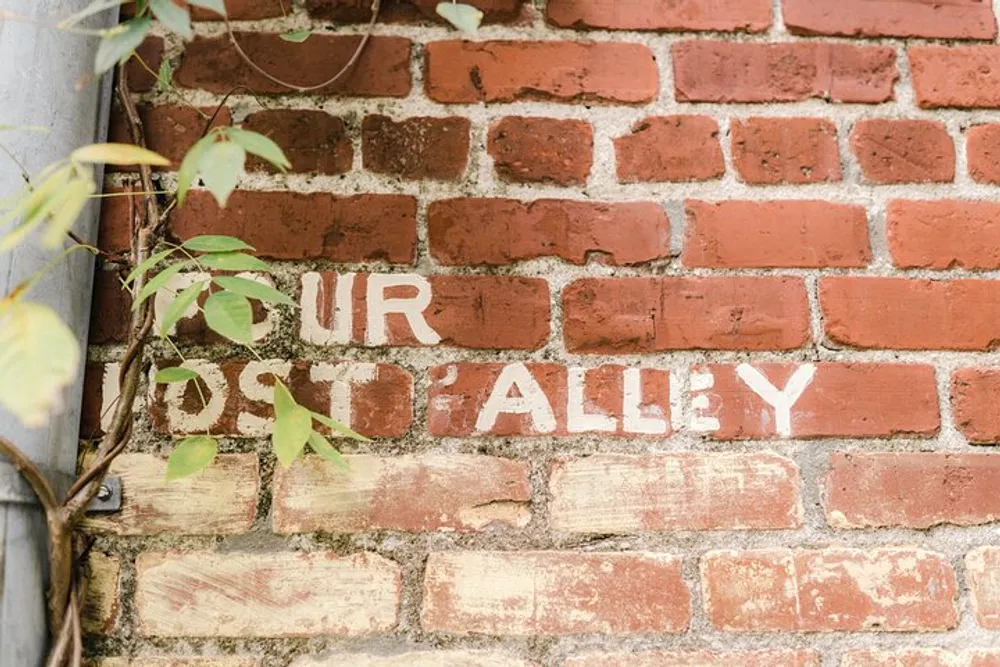 The image shows a weathered brick wall with the faded white painted words UR ISOD ALLEY partially obscured by vegetation
