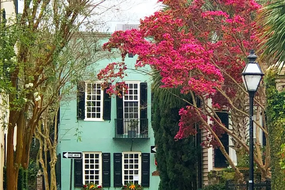 A charming mint-green house with black shutters is accented by vibrant pink blossoms from an adjacent tree with a classic street lamp standing at the foreground