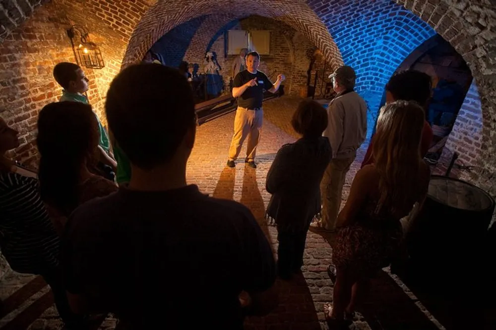 A group of people listens to a speaker in a historical brick-lined underground setting illuminated by warm and cool lighting