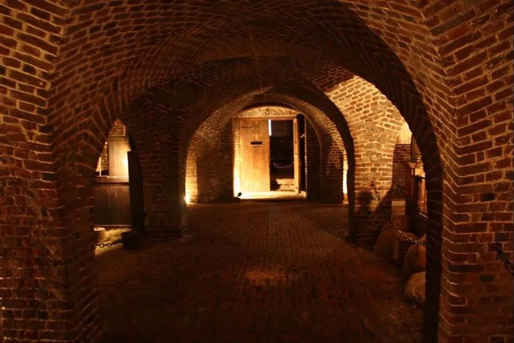 A dimly lit brick tunnel with arched ceilings leads to an open doorway creating an atmospheric and historical ambiance