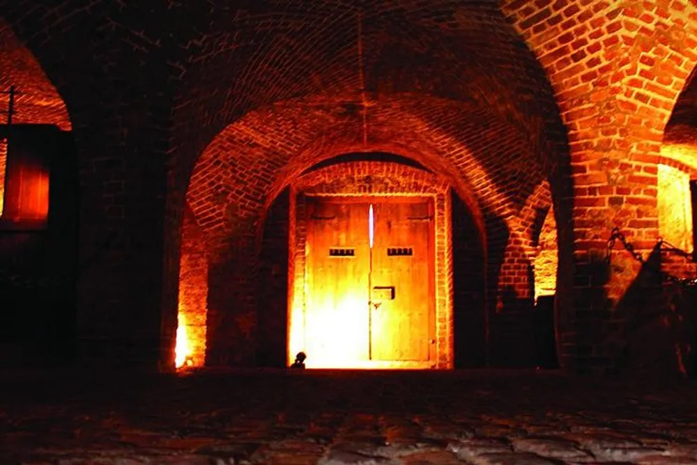 The image shows a warmly lit wooden door set within a brick arched entryway glowing with an ambient orange light that casts a welcoming yet mysterious atmosphere
