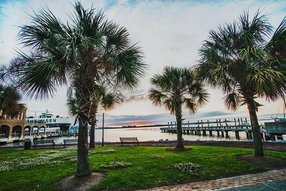 The image shows a tranquil waterfront park with palm trees a wooden pier and a boat during a serene sunset