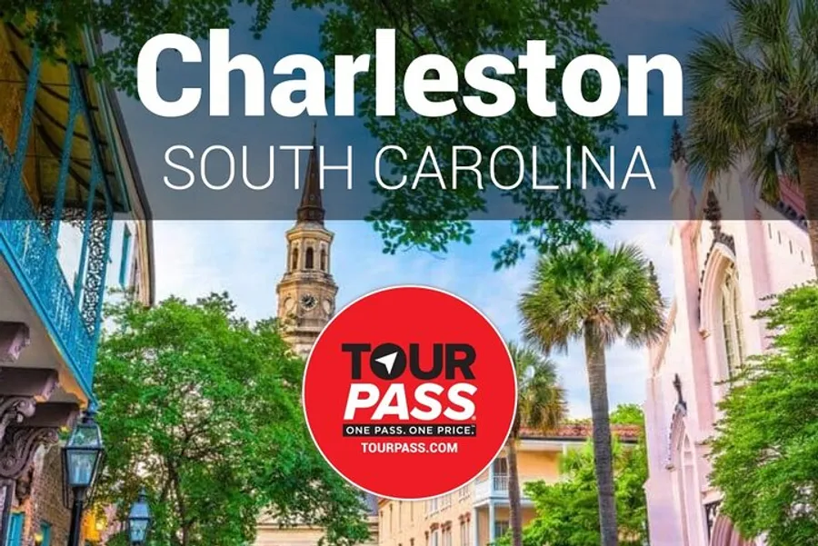 The image is a promotional advertisement for a tour pass in Charleston, South Carolina, featuring scenic views of the city.