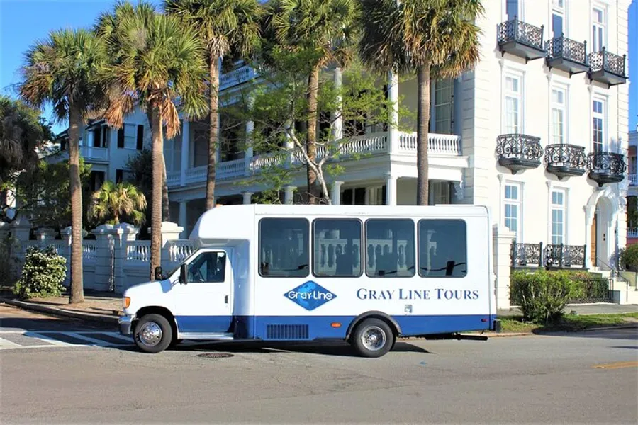 A Gray Line tour bus is parked on a sunny street lined with palm trees and elegant white buildings with black iron balconies.