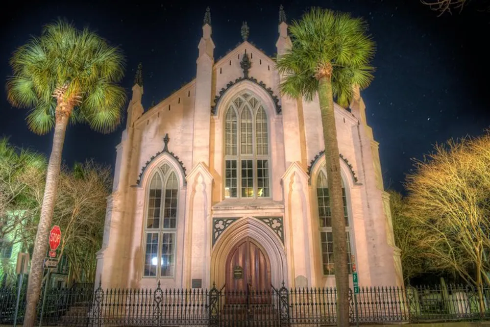 A Gothic-style church is illuminated at night framed by palm trees under a starry sky