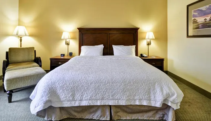 The image shows a neatly arranged hotel room with a large bed two bedside lamps a chair and a framed picture on the wall