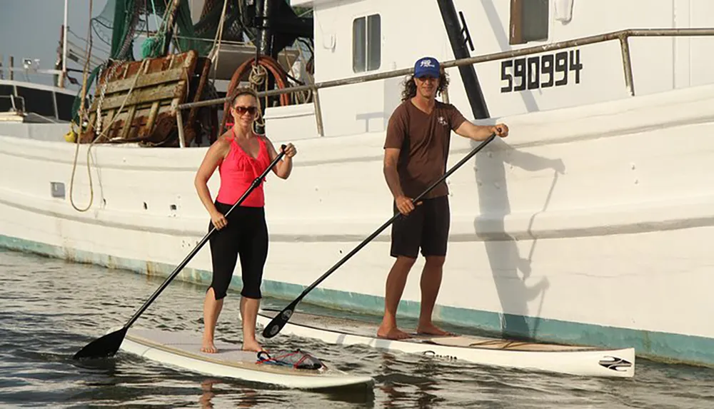 Two people are standing on paddleboards next to a moored fishing boat in calm waters each holding a paddle