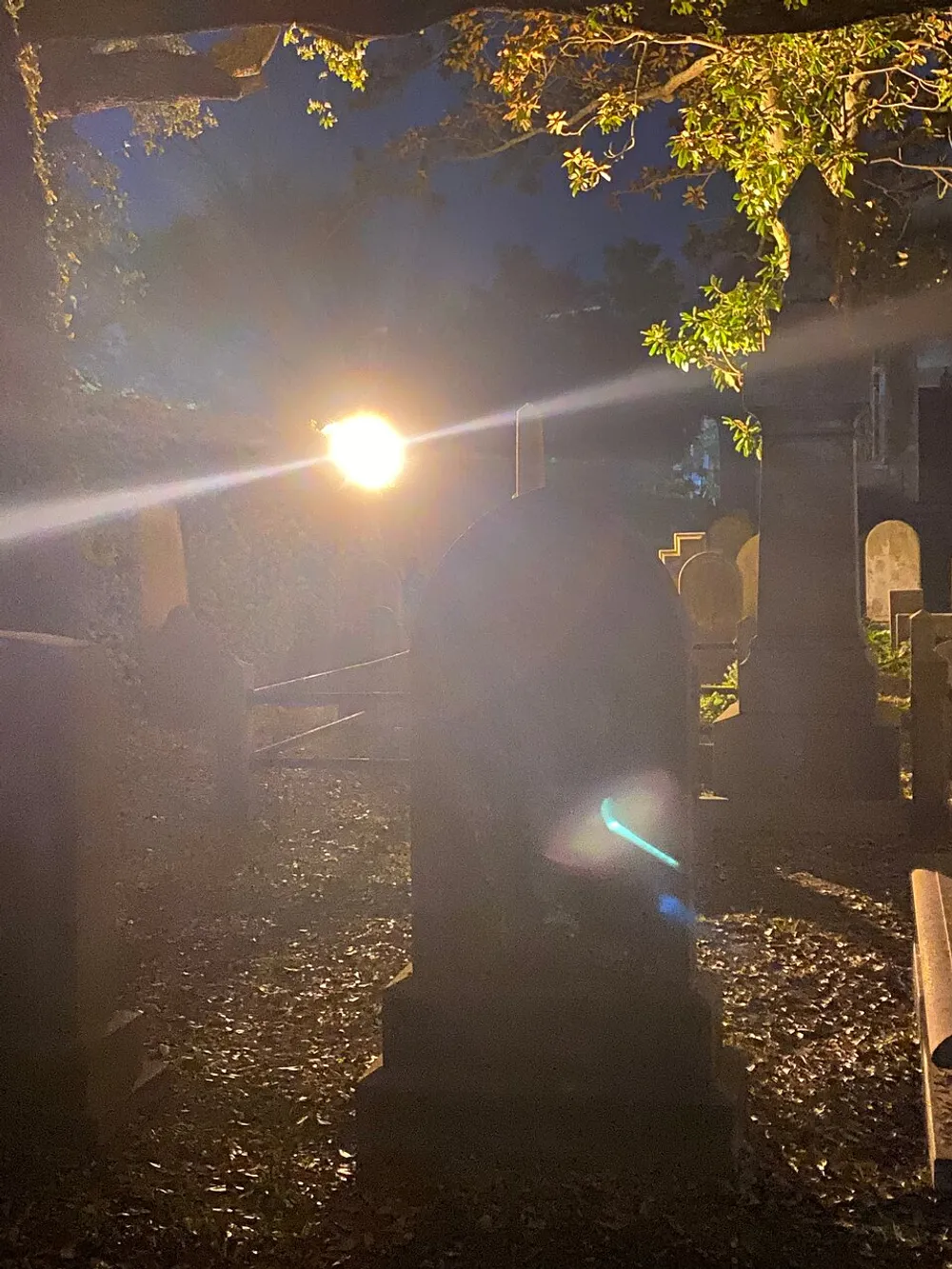 The image features a nighttime view of a cemetery with tombstones illuminated by a bright light behind one of the monuments creating a haunting ambiance with lens flare effects