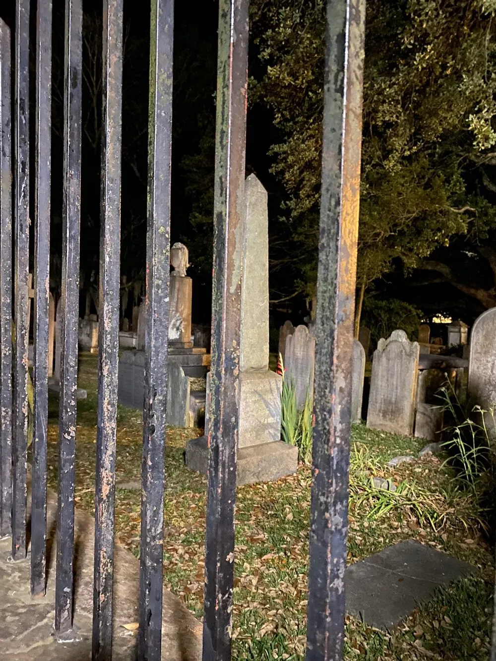 The image shows a weathered iron fence with a view into an old dimly lit cemetery at night with various tombstones and vegetation visible in the background