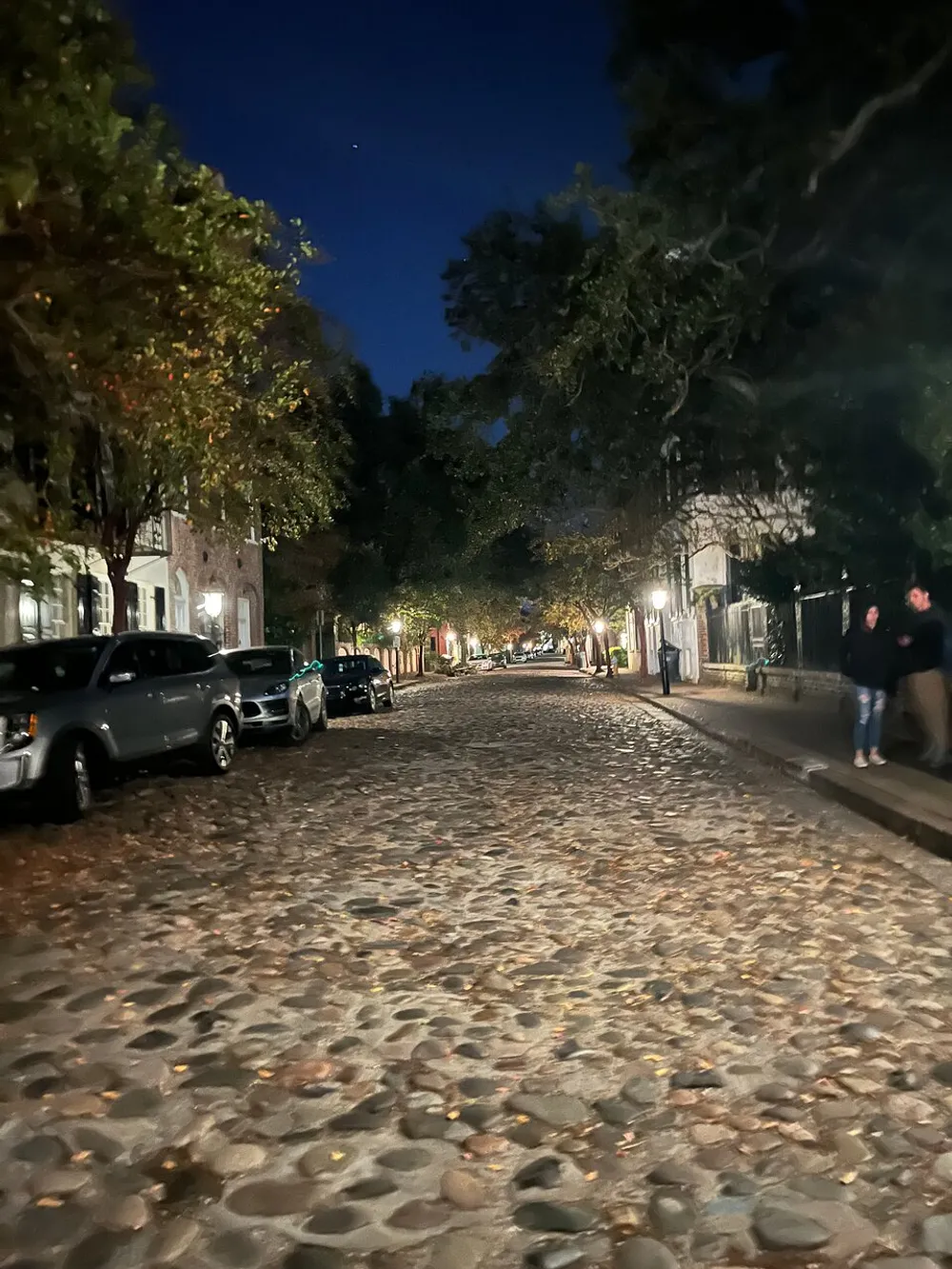 The image shows a cobblestone street lined with cars and trees at twilight with people walking along the sidewalk under the glow of streetlights
