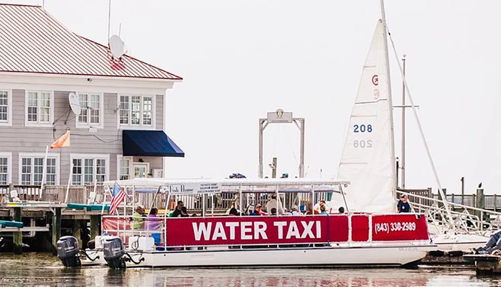 A water taxi filled with passengers is docked near a building on a waterfront with a sailboat visible in the background