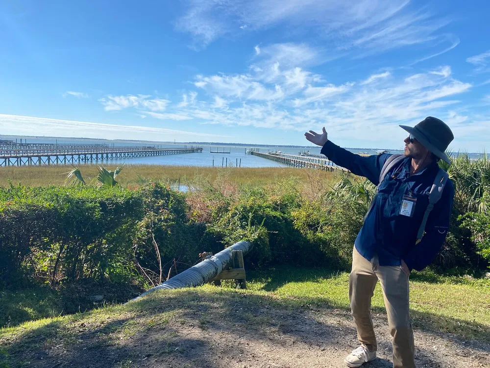 A person gesturing with their hand is standing outdoors near some greenery with a long pier extending into a body of water in the background under a clear sky