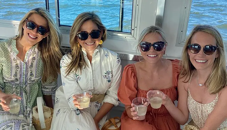 Four women are smiling and holding glasses of wine on a boat with the water in the background.