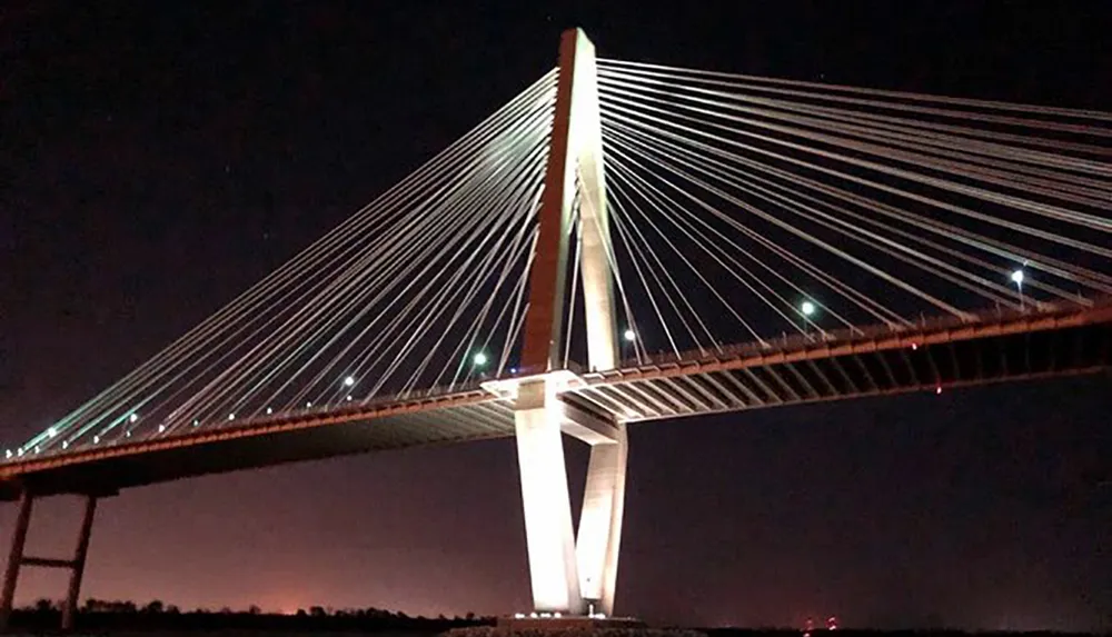 The image shows a cable-stayed bridge illuminated at night showcasing its towering pylon and intricate web of cables against a dark sky