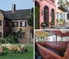 A flock of sheep is grazing on the lawn in front of a large two-story brick house with a distinct architectural style