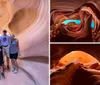 A group of tourists is posing for a photo inside a narrow curved orange sandstone slot canyon