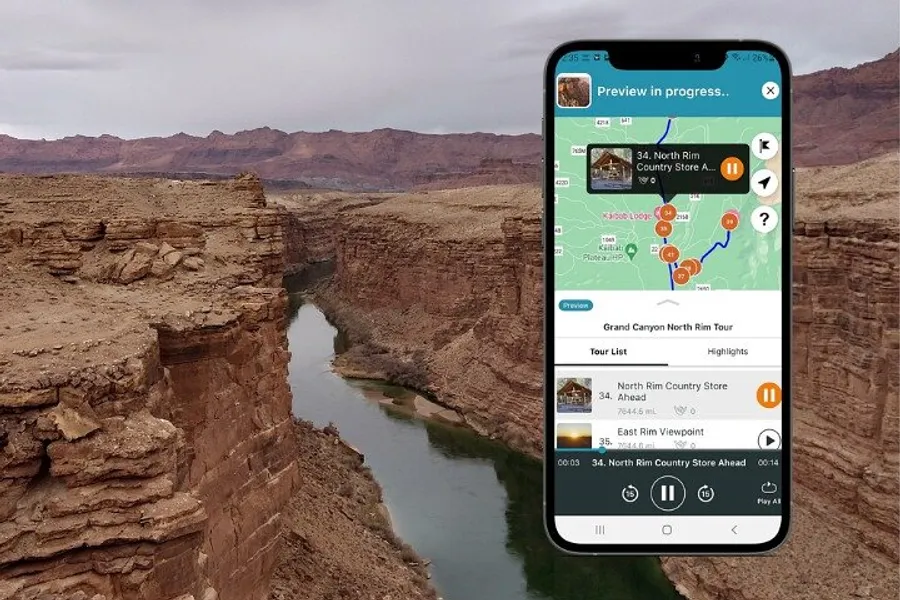 A smartphone with a map application on its screen is overlaid on an image of a narrow canyon with a river flowing through it, suggesting the use of a mobile app for navigating or learning about the scenic location.