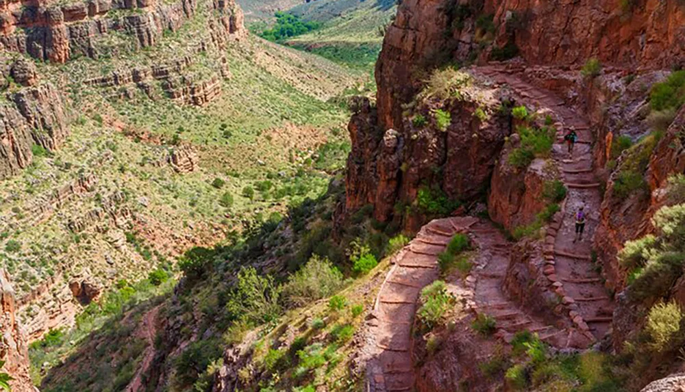 Hikers navigate a winding trail carved into the side of a steep rugged canyon adorned with green vegetation