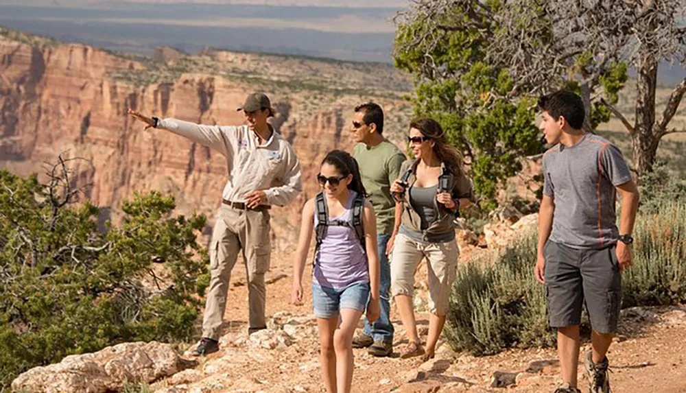 A group of hikers is following a trail guide pointing out something in the distance with a deep canyon visible in the background