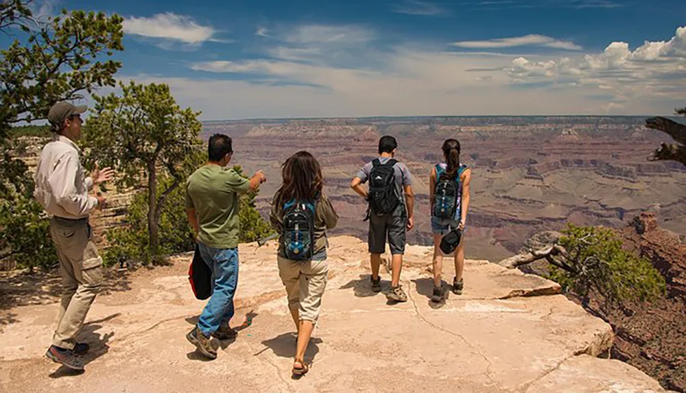 A group of tourists is observing and taking pictures of a vast canyon from a viewpoint with one person seemingly explaining features of the landscape