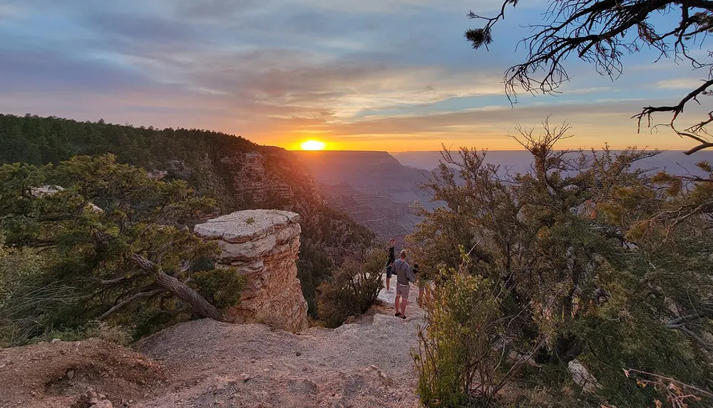 A person observes a stunning sunset from the rim of a canyon surrounded by trees and rugged terrain